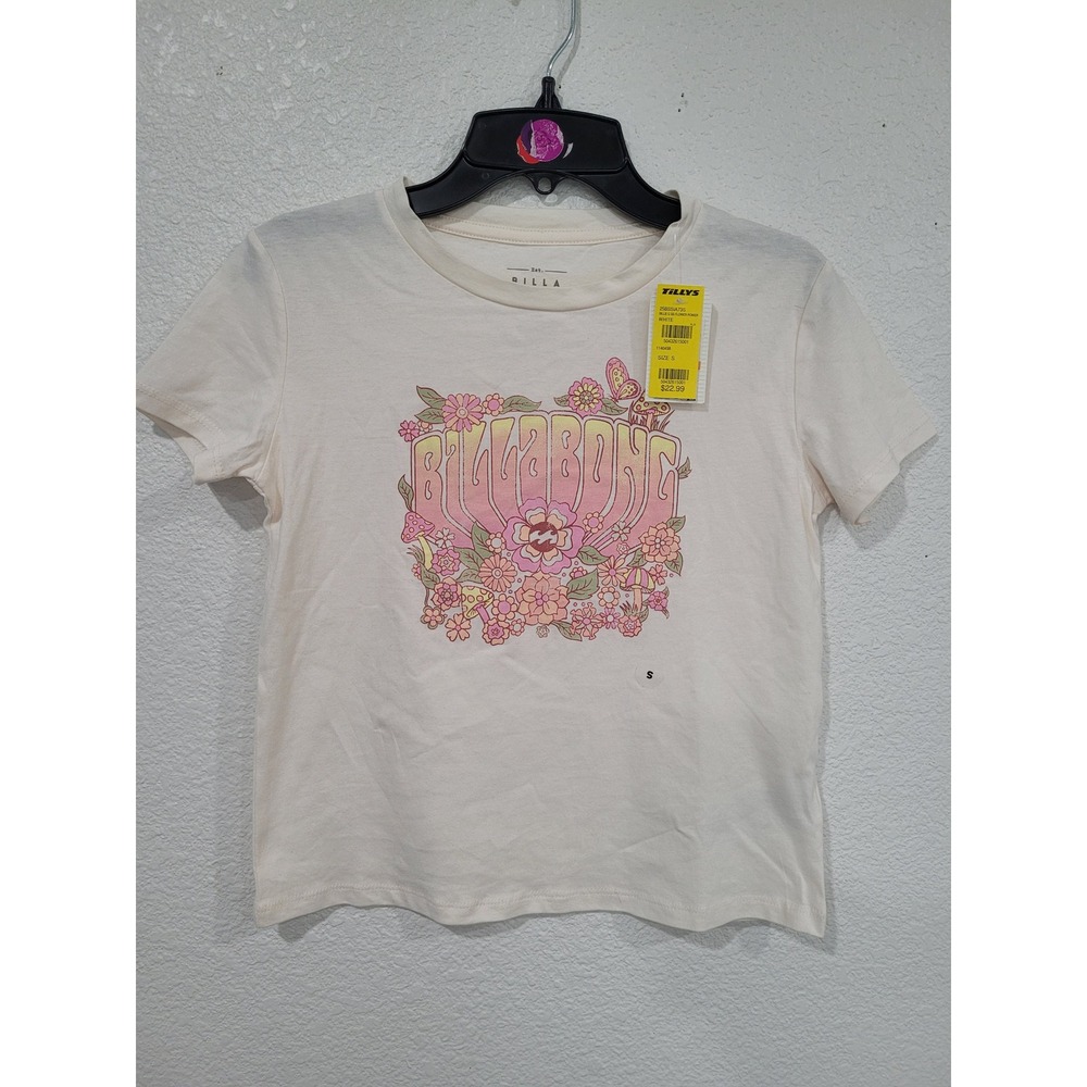 Billabong Billie G‎ Flower Power Graphic T-Shirt White Retro Women's Small #22